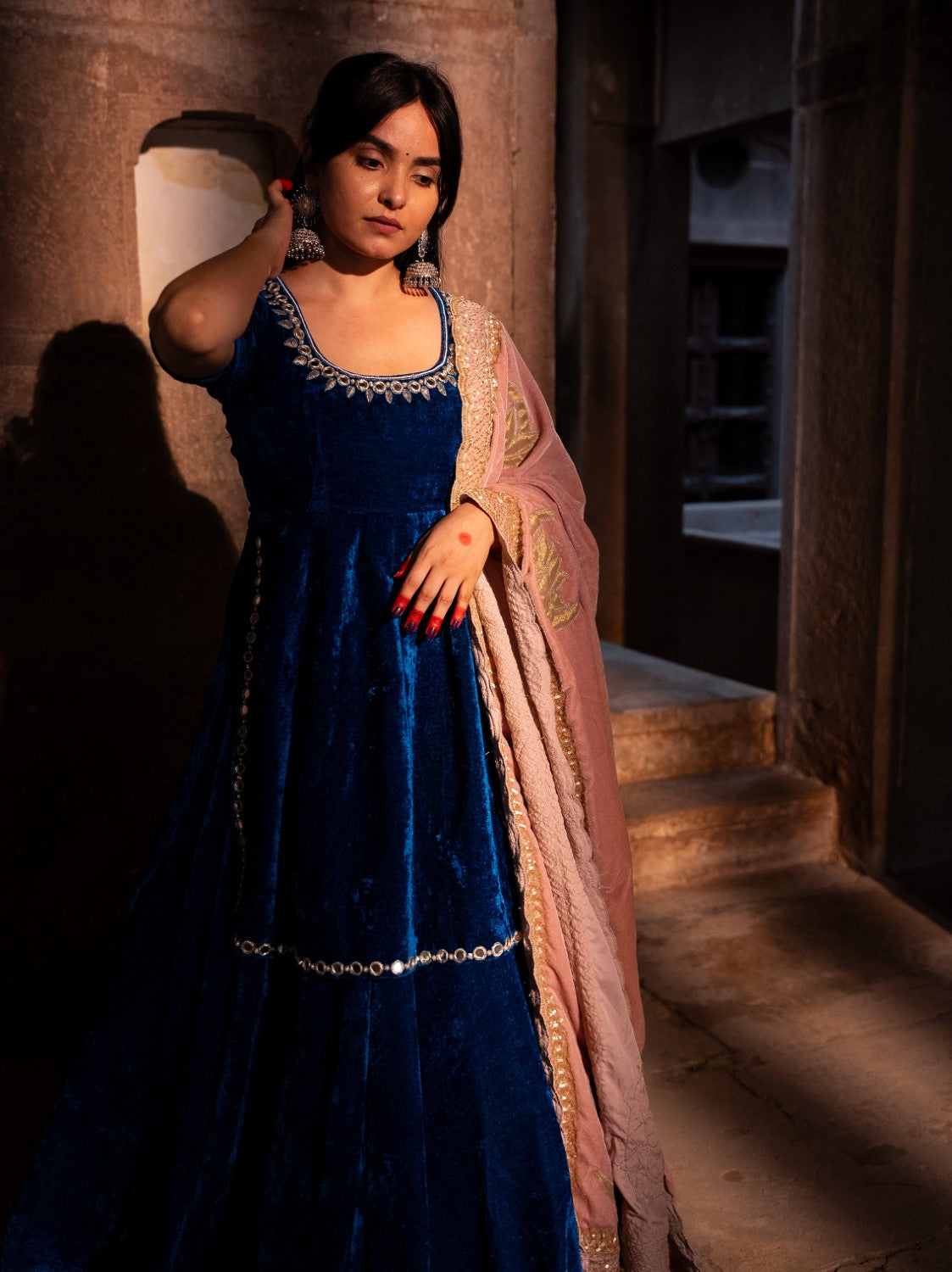 Image of Drishti Blue Velvet Lehengas